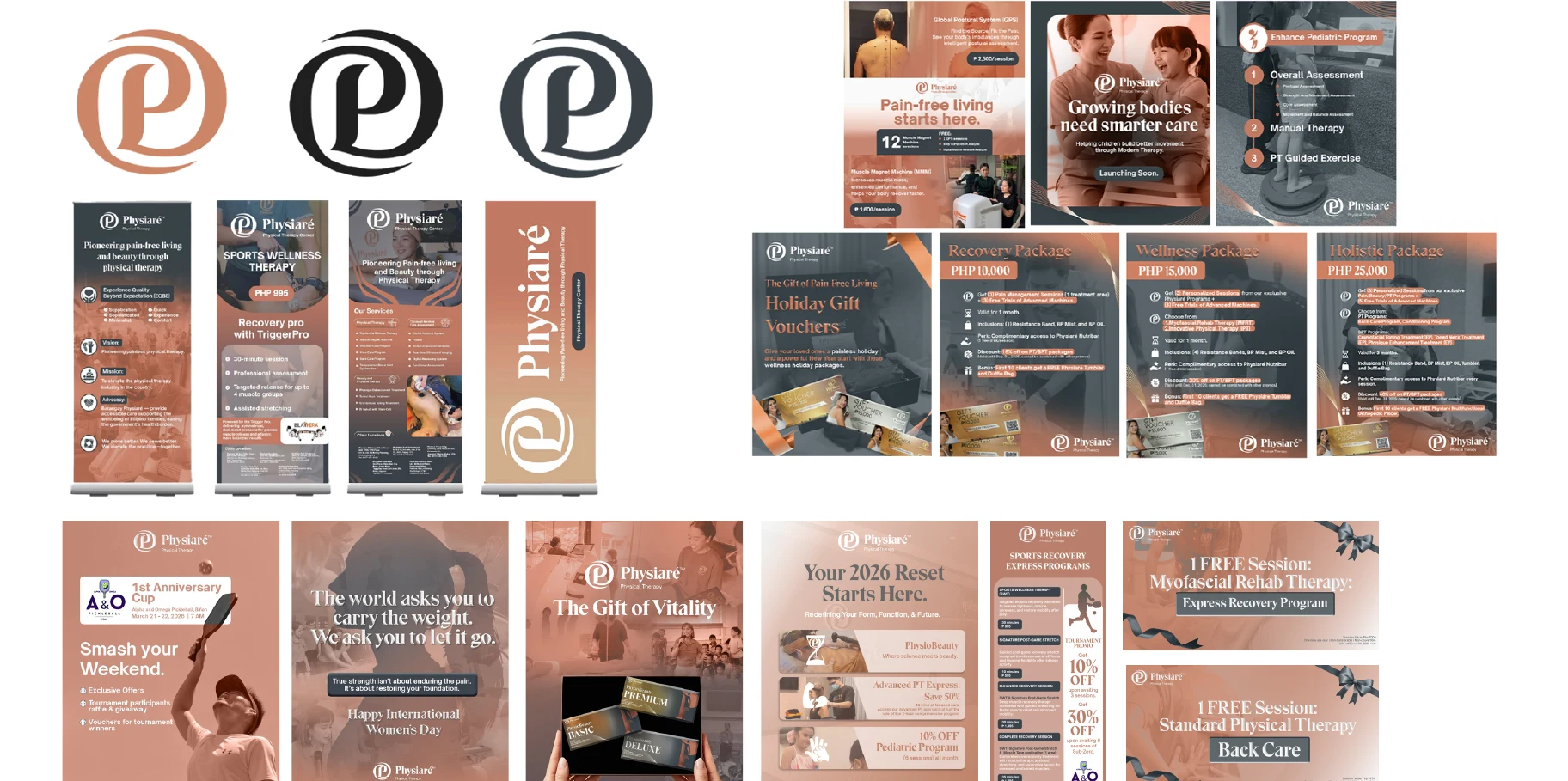 Physiaré wellness brand identity, service promotions and social campaign materials